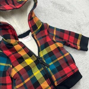 Hanna Andersson 60, 3-6 Mos Cotton Blend Plaid Hooded Sweater Red, Yellow, Blue
